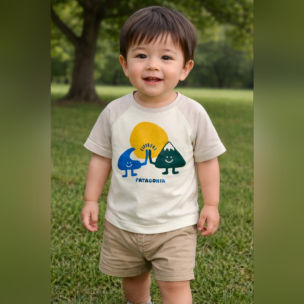 Patagonia Kids Raglan Tee - Yellow, Beige & Blue Graphi.